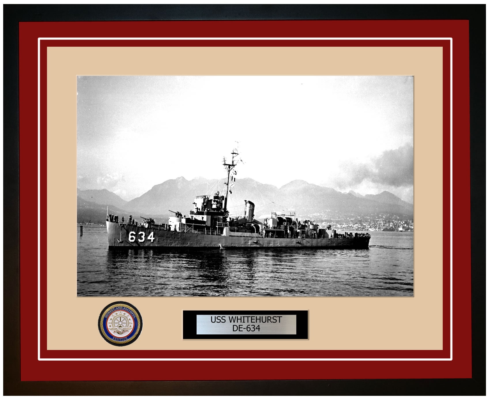 USS Whitehurst DE-634 Framed Navy Ship Photo Burgundy
