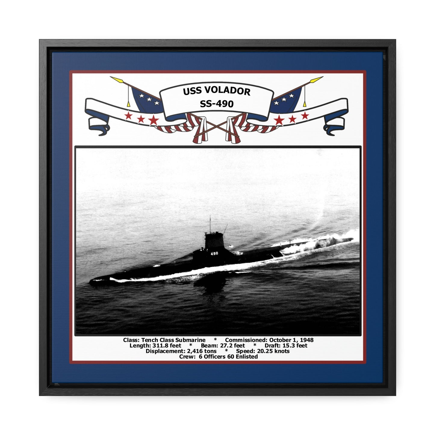 USS Volador SS-490 Navy Floating Frame Photo Front View