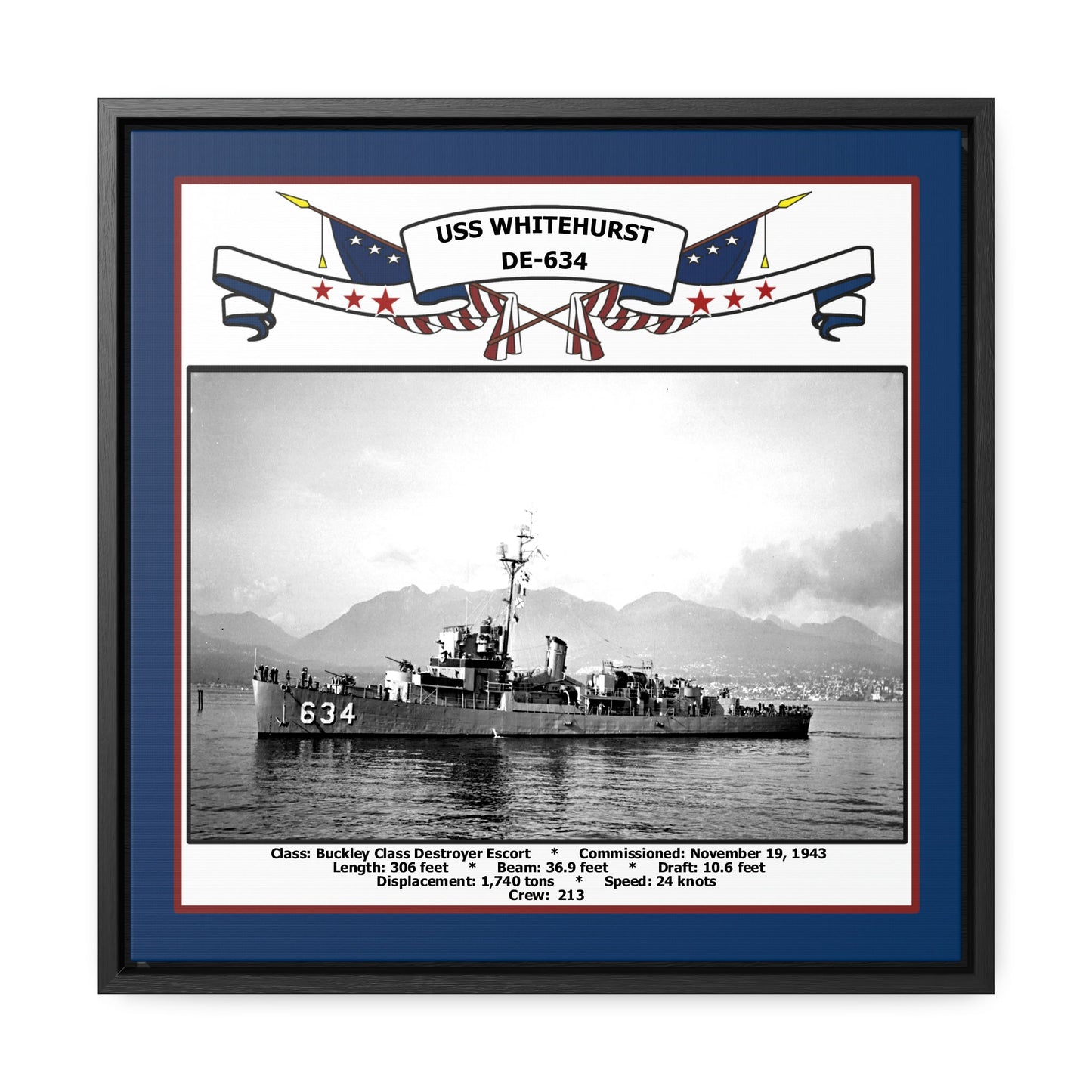 USS Whitehurst DE-634 Navy Floating Frame Photo Front View
