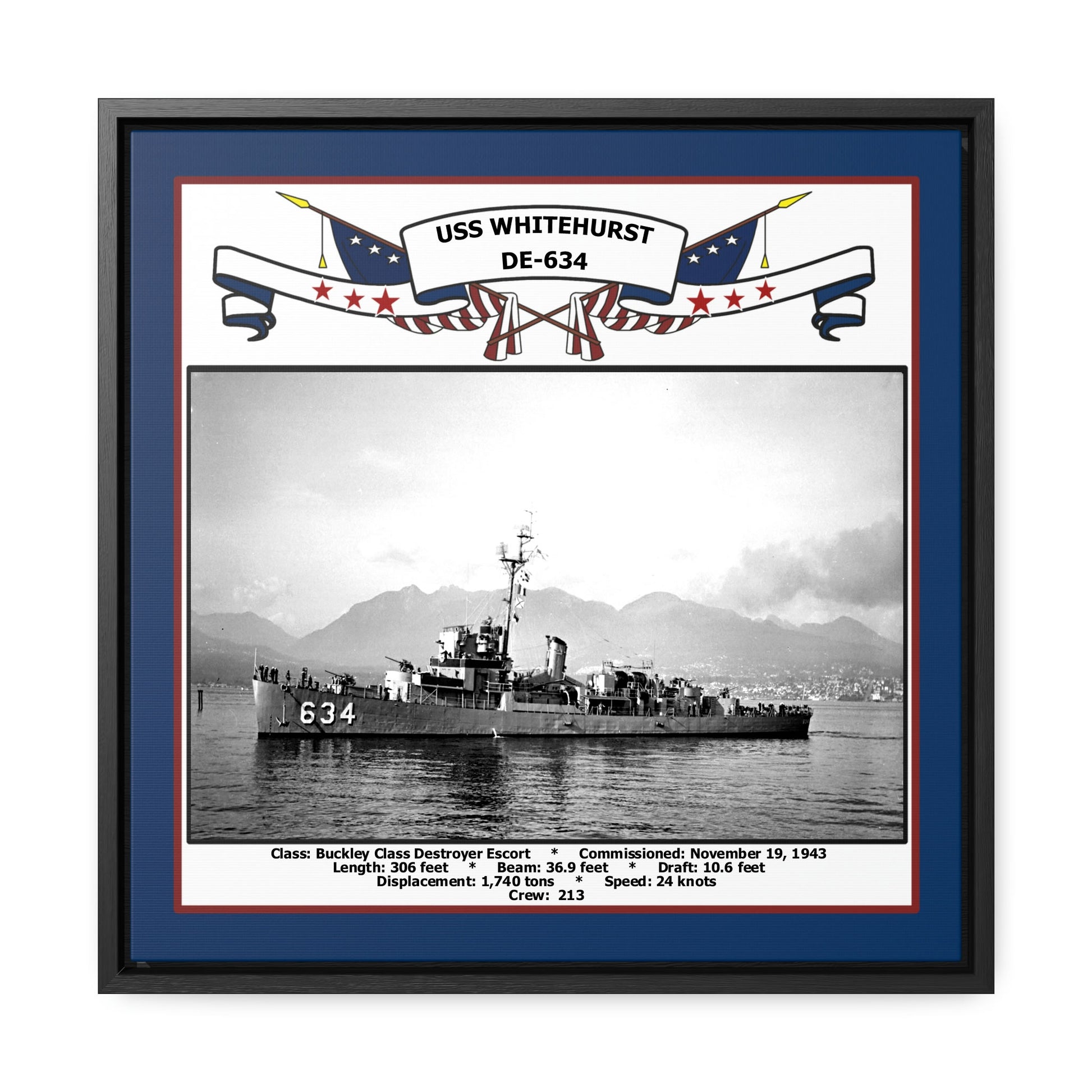 USS Whitehurst DE-634 Navy Floating Frame Photo Front View