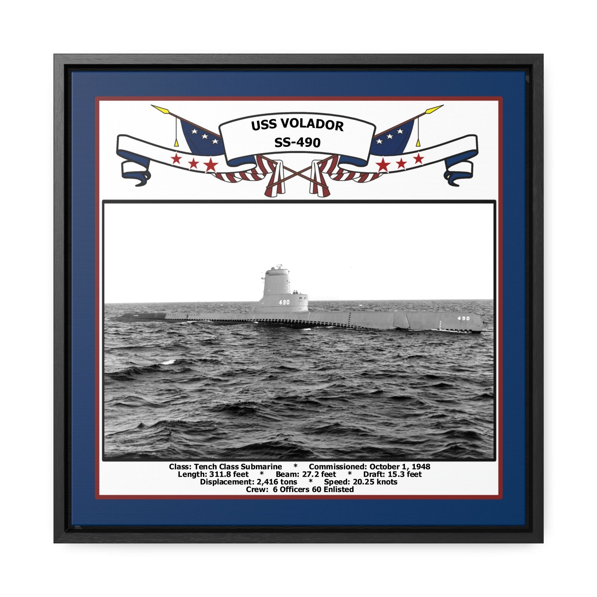 USS Volador SS-490 Navy Floating Frame Photo Front View