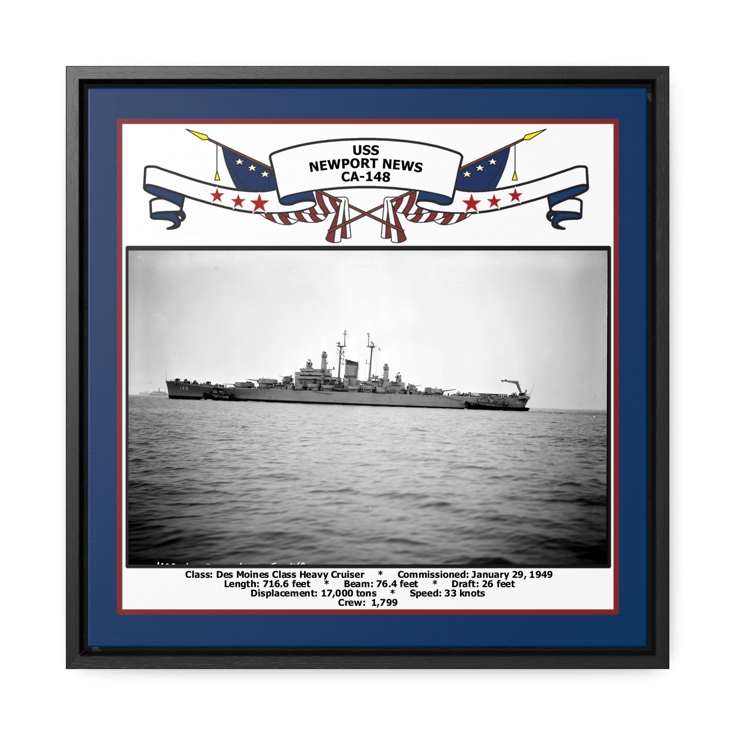 USS Newport News CA-148 Navy Floating Frame Photo Front View