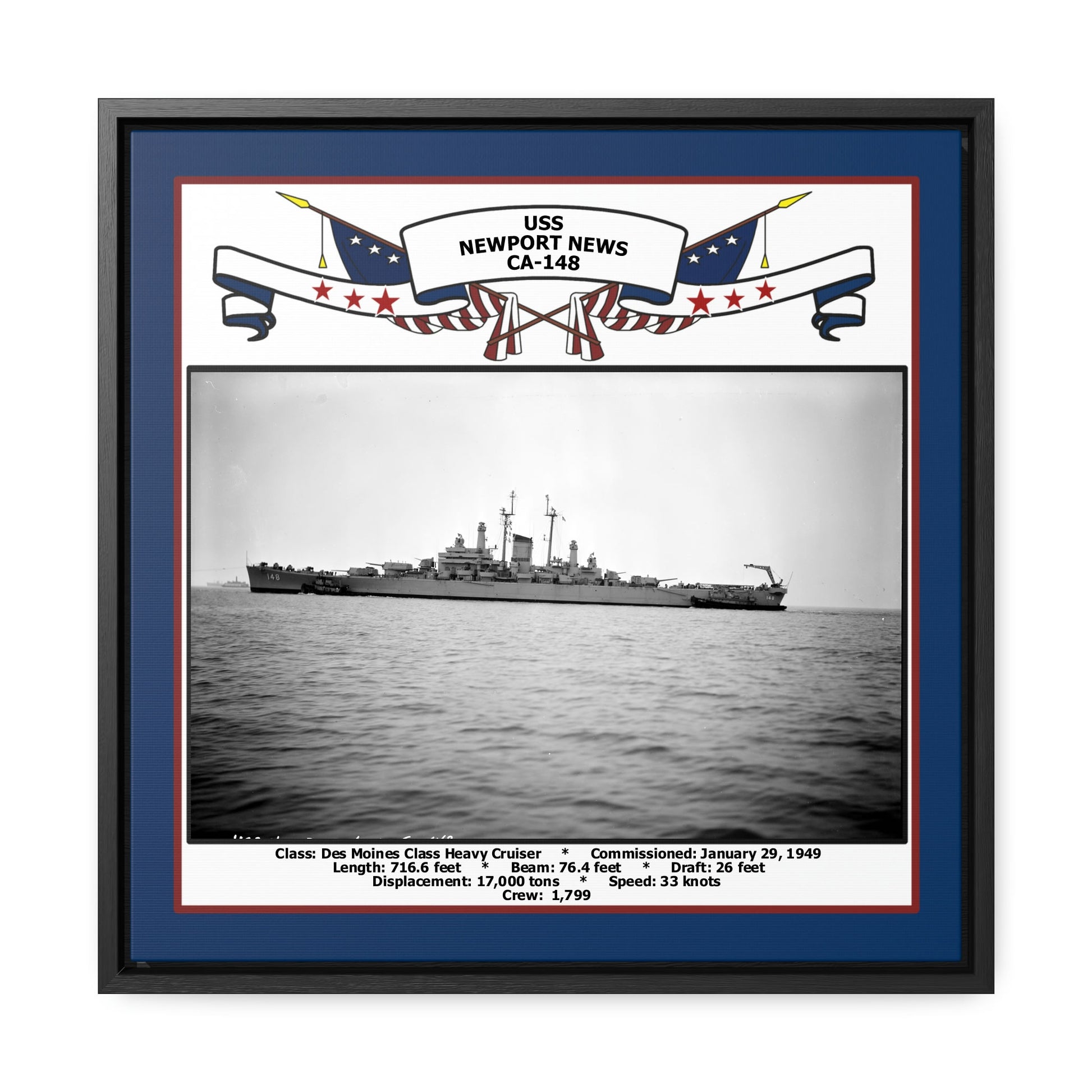 USS Newport News CA-148 Navy Floating Frame Photo Front View