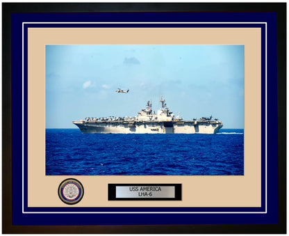 USS America LHA-6 Framed Navy Ship Photo Blue