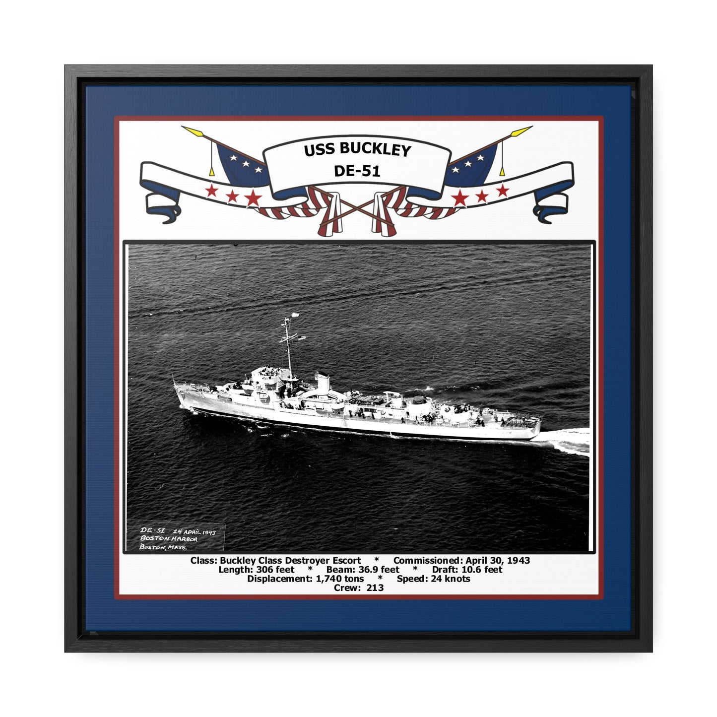 USS Buckley DE-51 Navy Floating Frame Photo Front View