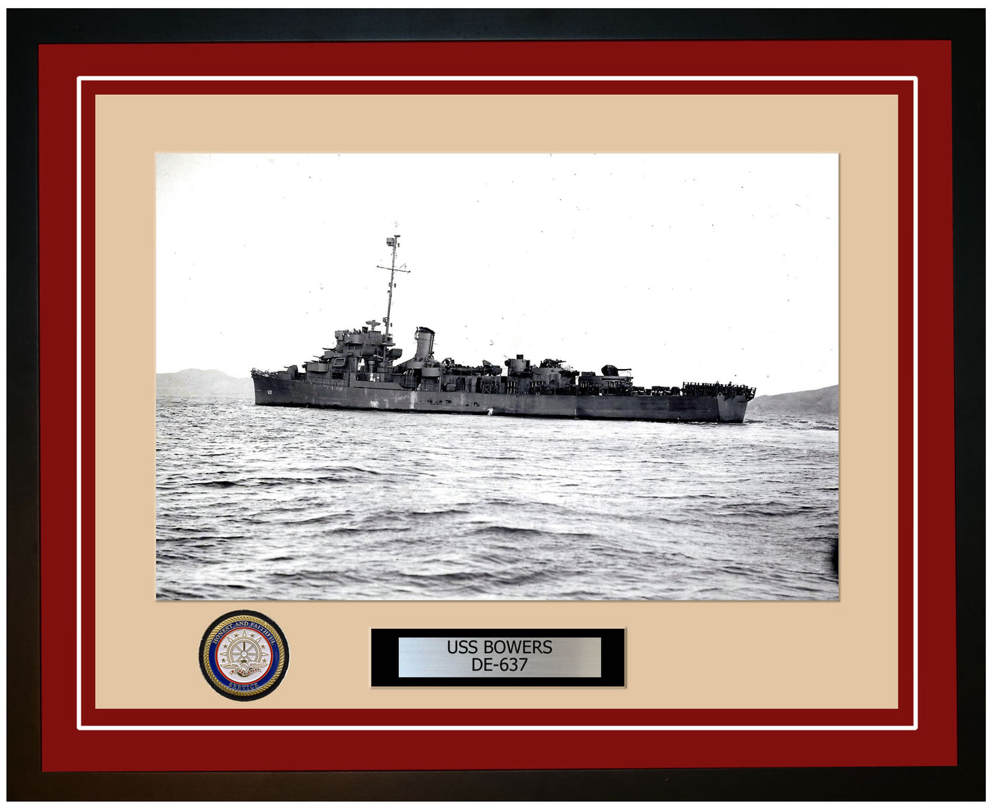 USS Bowers DE-637 Framed Navy Ship Photo Burgundy