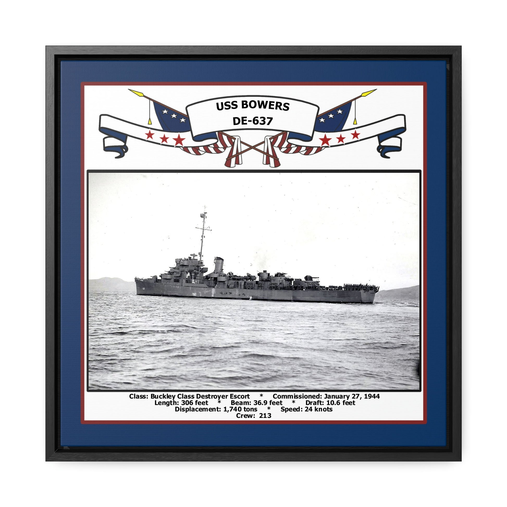 USS Bowers DE-637 Navy Floating Frame Photo Front View