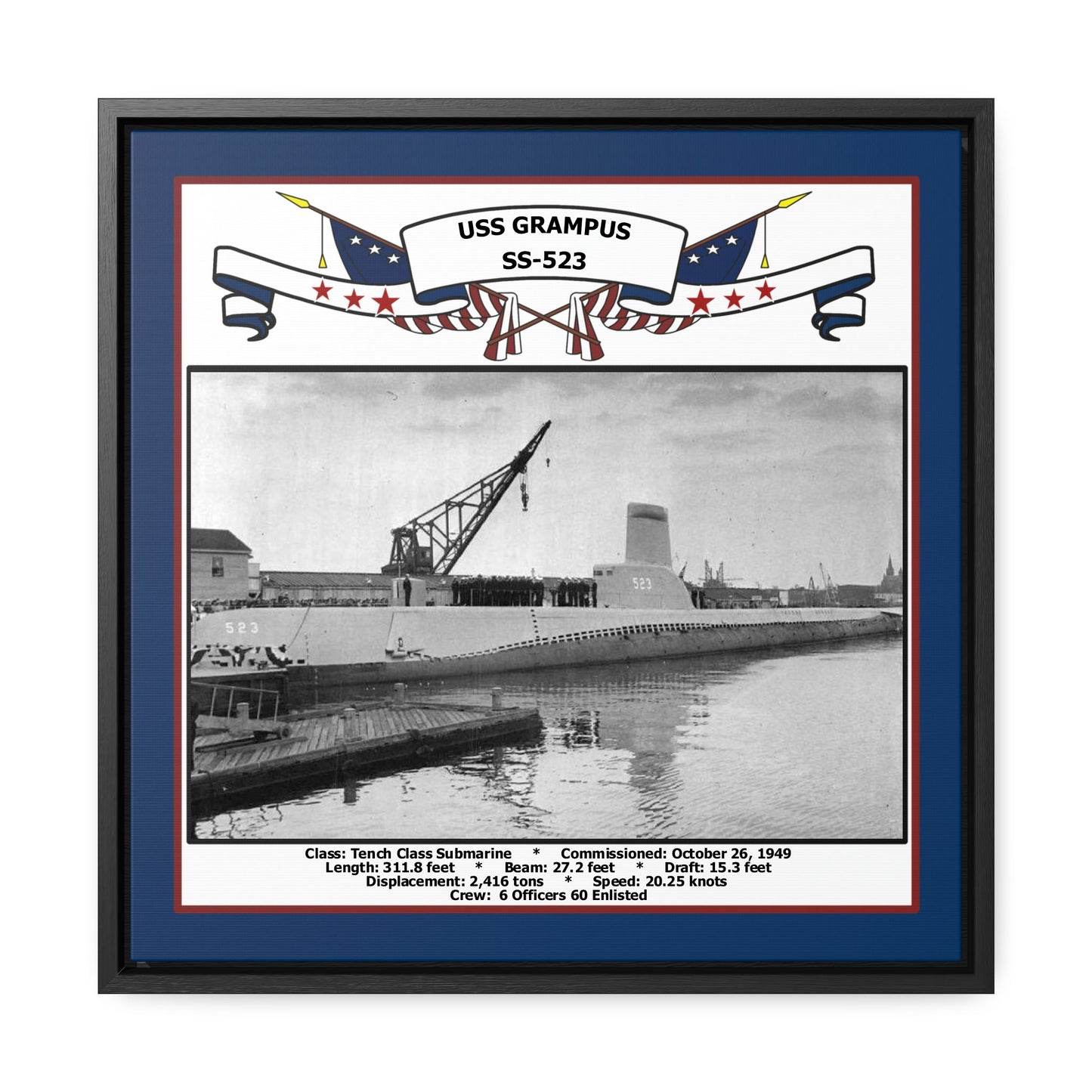 USS Grampus SS-523 Navy Floating Frame Photo Front View