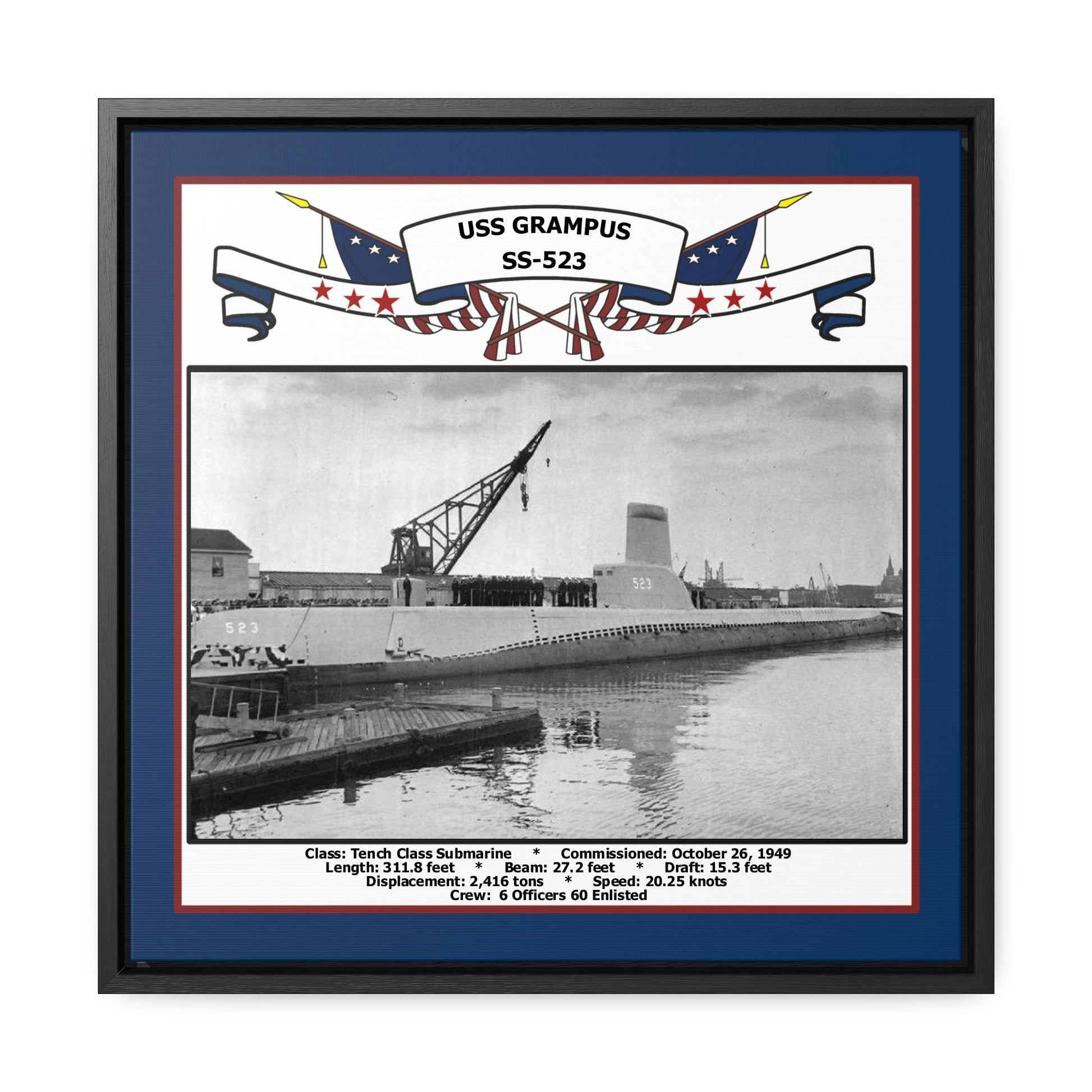 USS Grampus SS-523 Navy Floating Frame Photo Front View