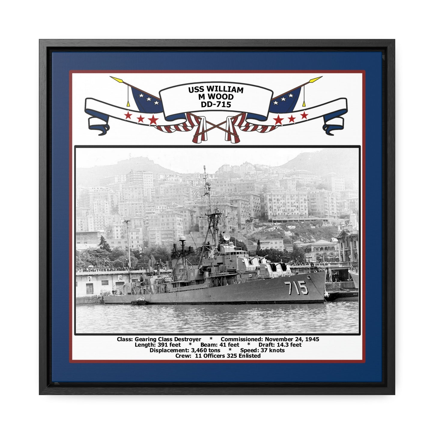USS William M Wood DD-715 Navy Floating Frame Photo Front View