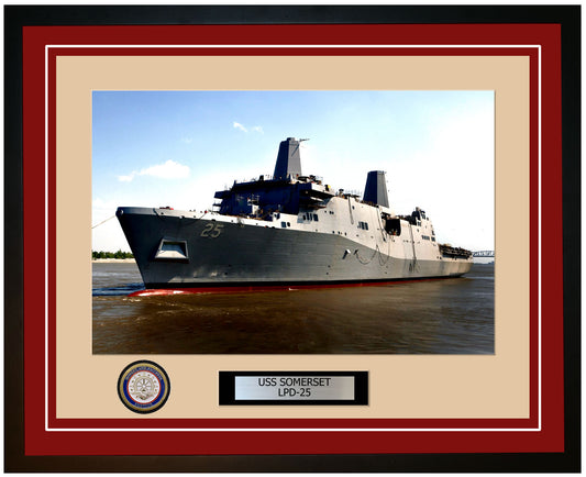 USS Somerset LPD-25 Framed Navy Ship Photo Burgundy