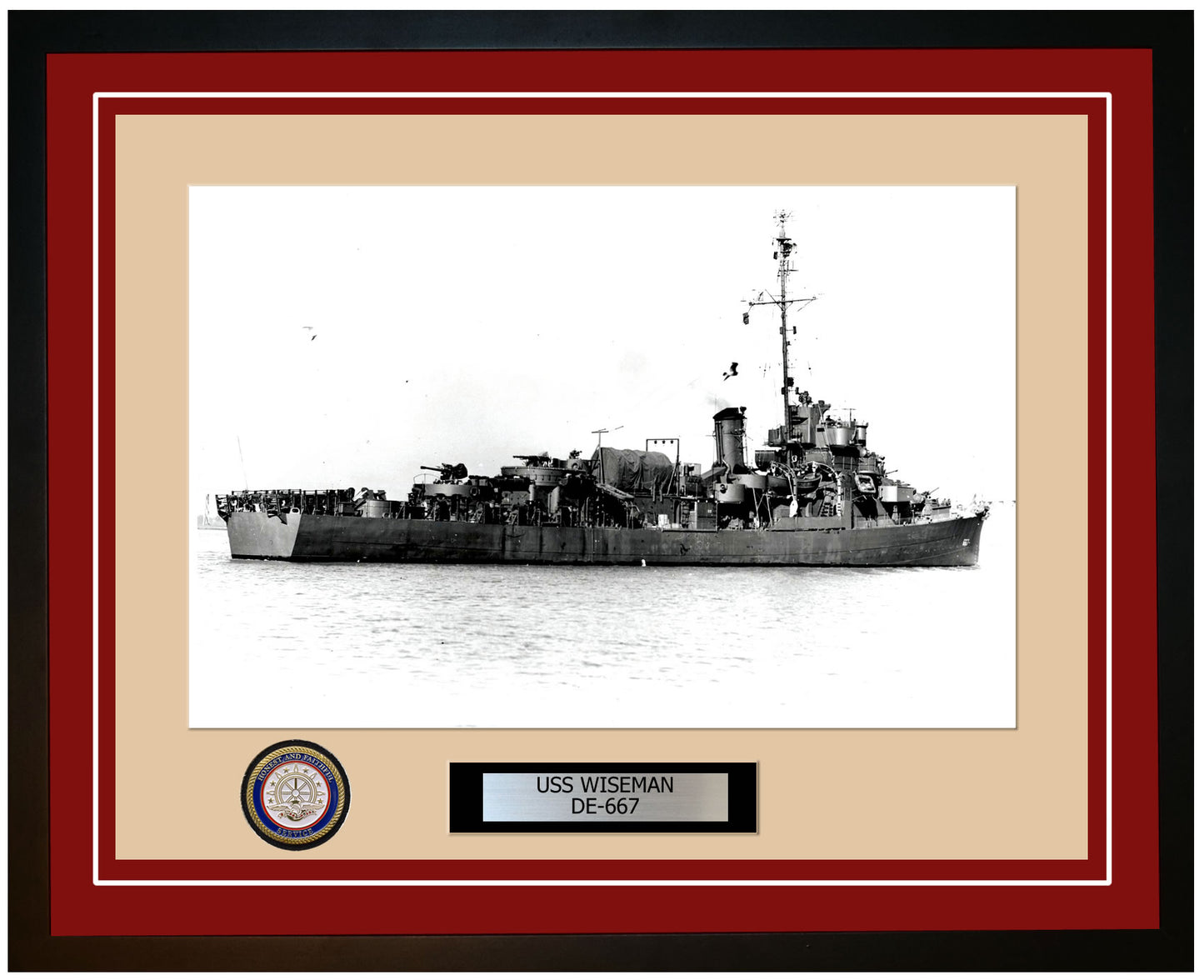 USS Wiseman DE-667 Framed Navy Ship Photo Burgundy