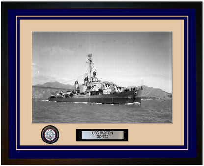 USS BARTON DD-722 Framed Navy Ship Photo Blue