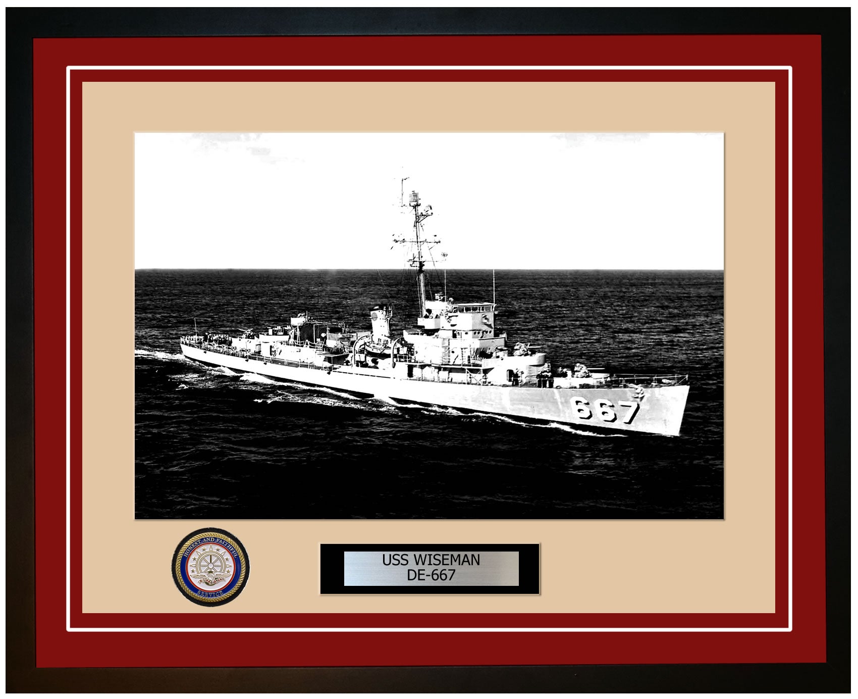 USS Wiseman DE-667 Framed Navy Ship Photo Burgundy