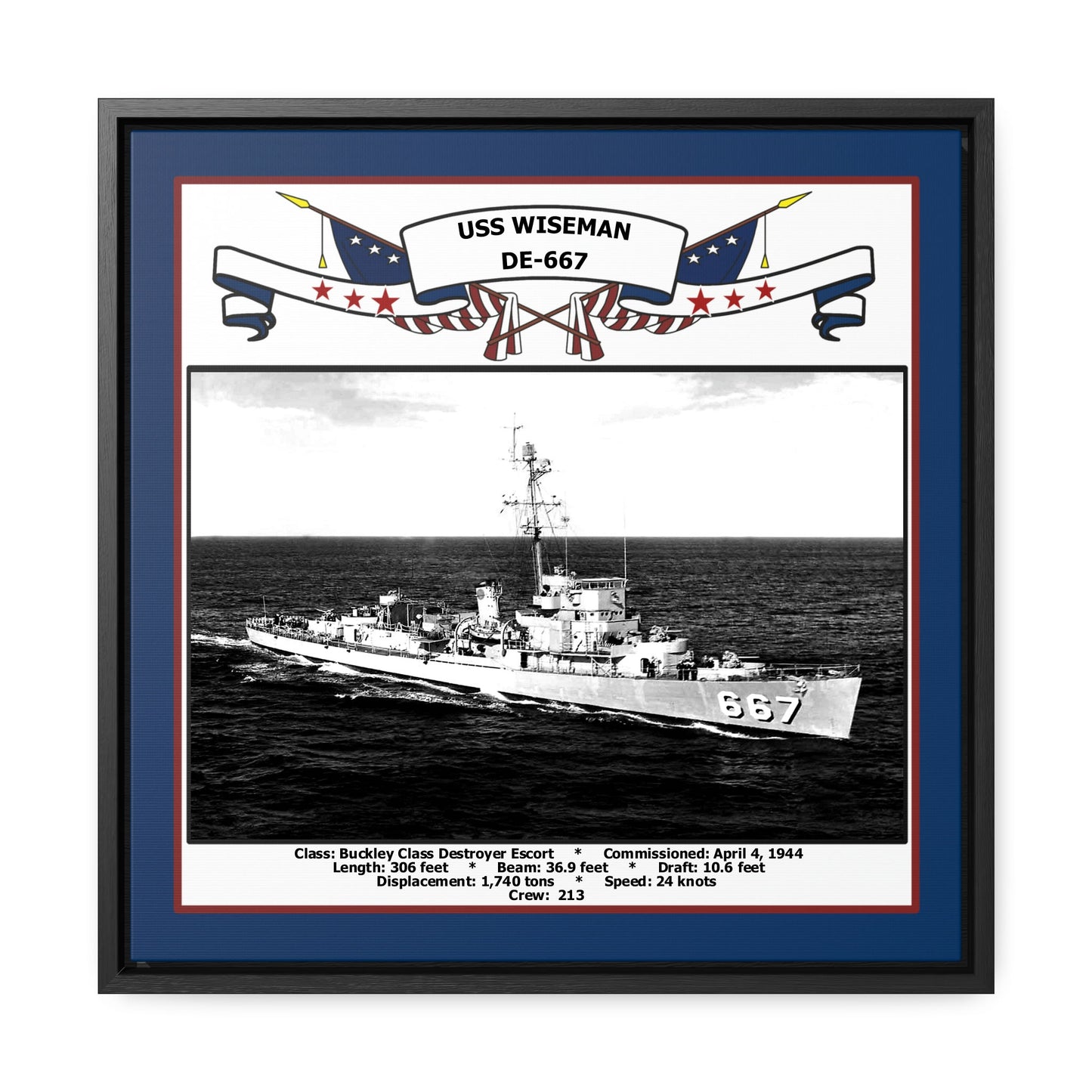 USS Wiseman DE-667 Navy Floating Frame Photo Front View