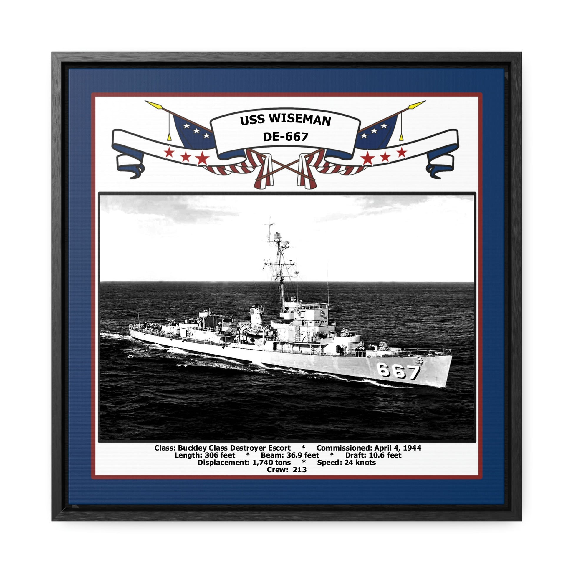 USS Wiseman DE-667 Navy Floating Frame Photo Front View