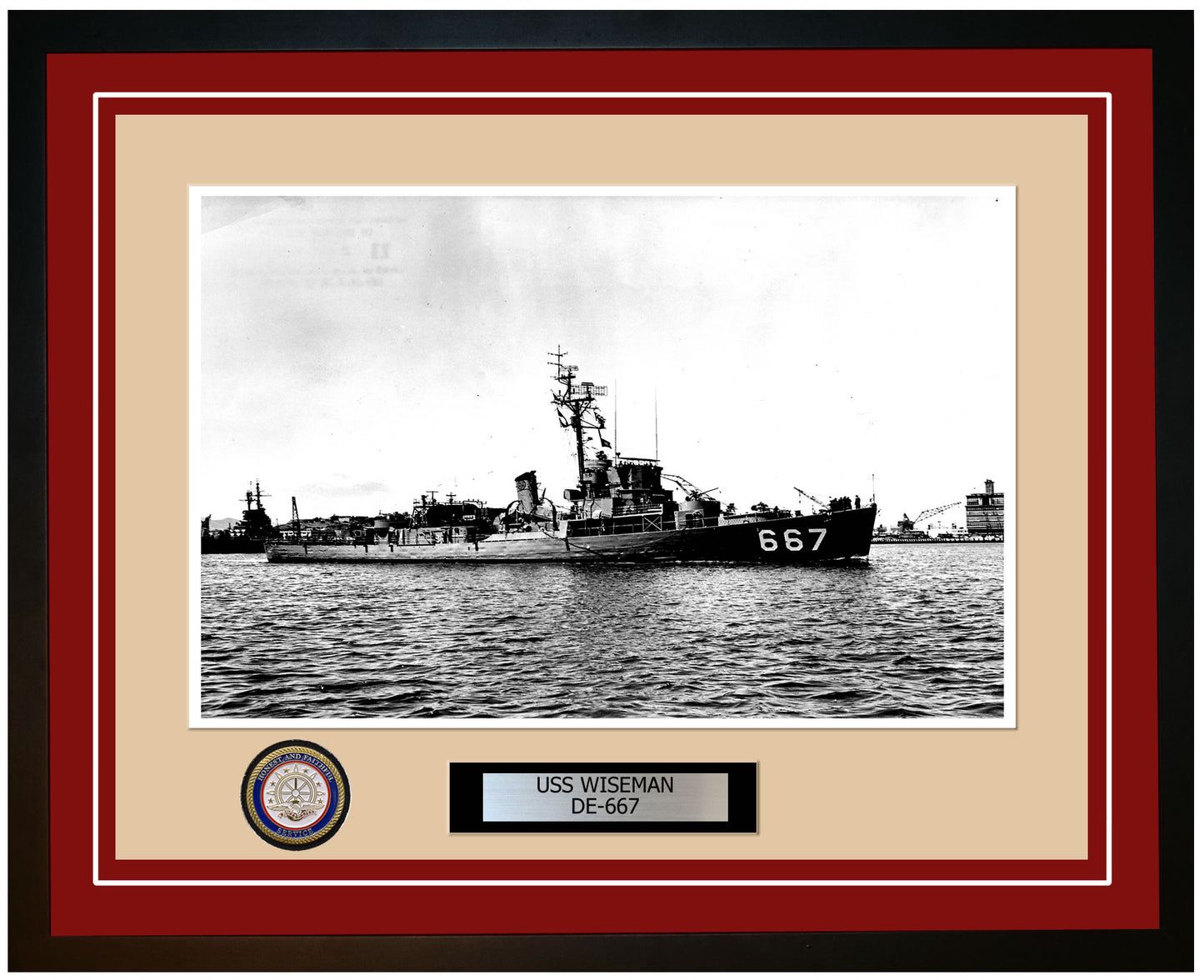 USS Wiseman DE-667 Framed Navy Ship Photo Burgundy