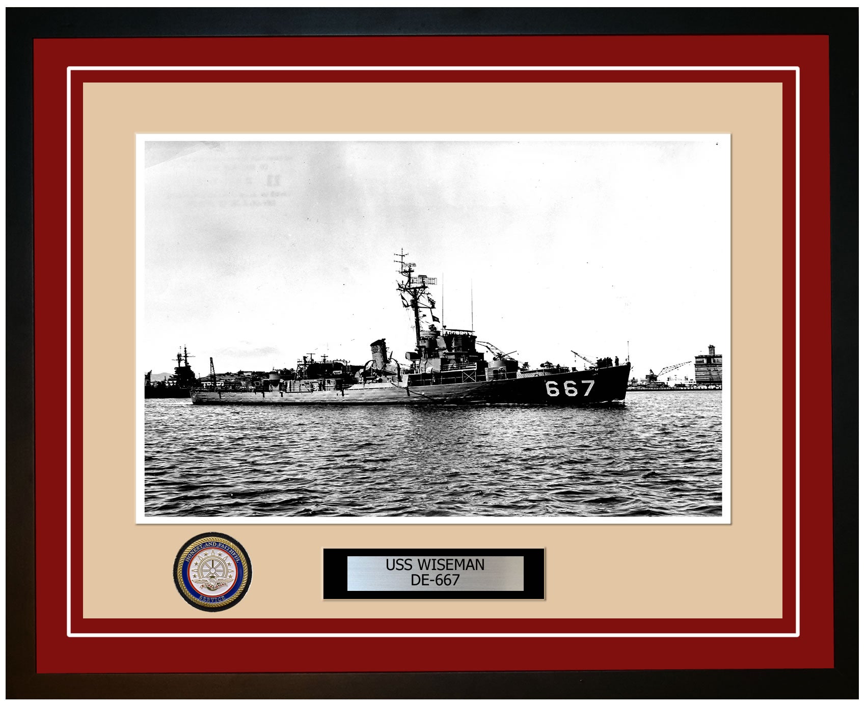 USS Wiseman DE-667 Framed Navy Ship Photo Burgundy