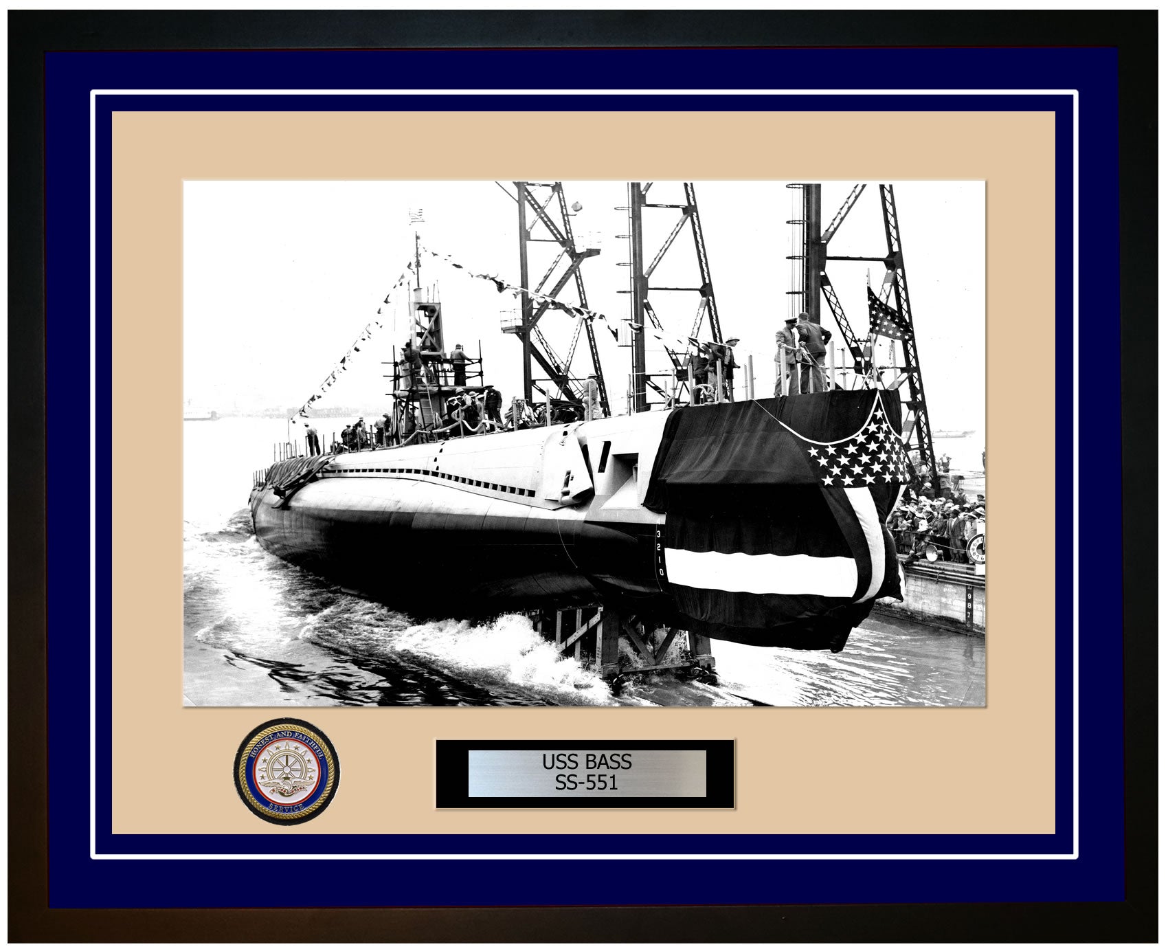 USS Bass SS-551 Framed Navy Ship Photo Blue