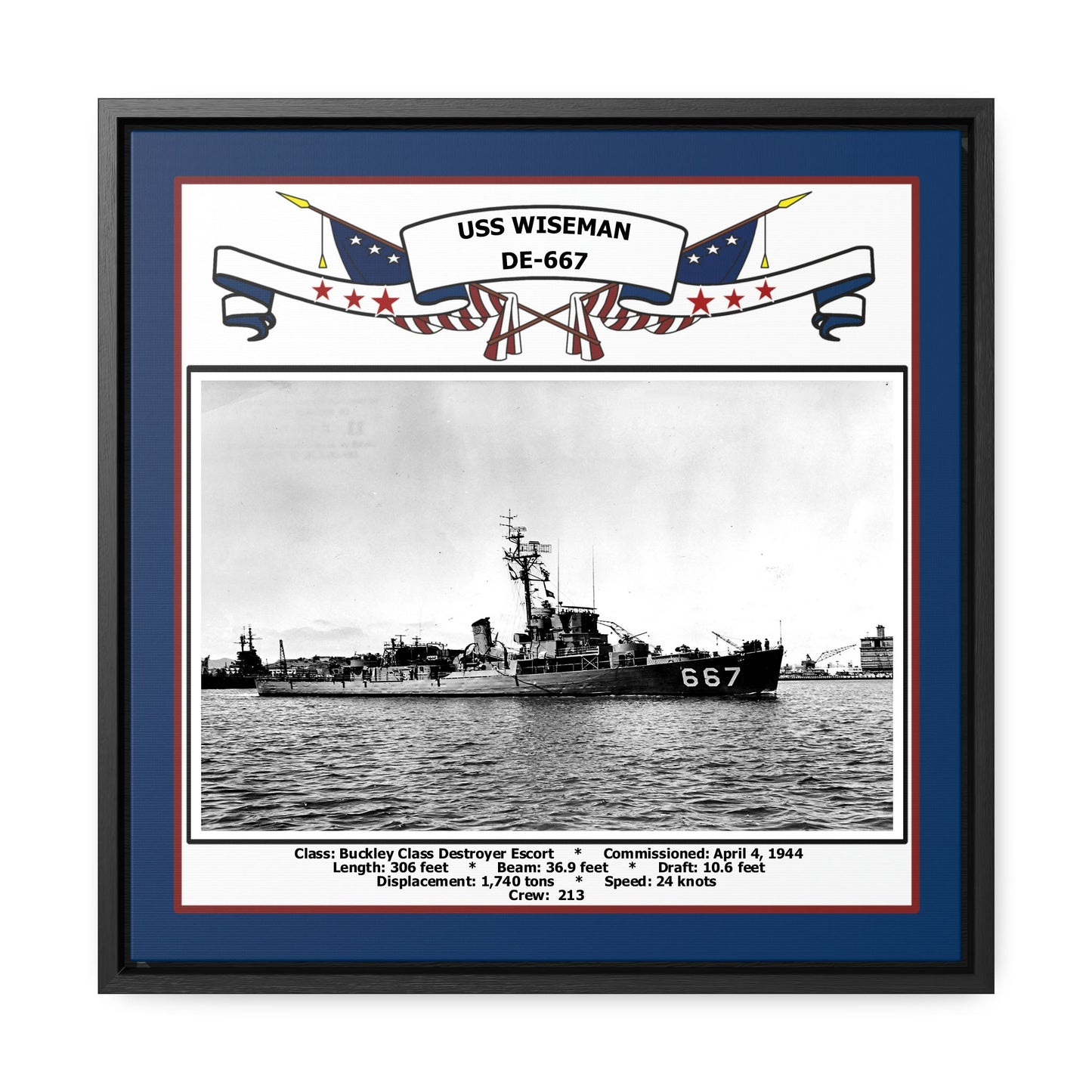 USS Wiseman DE-667 Navy Floating Frame Photo Front View