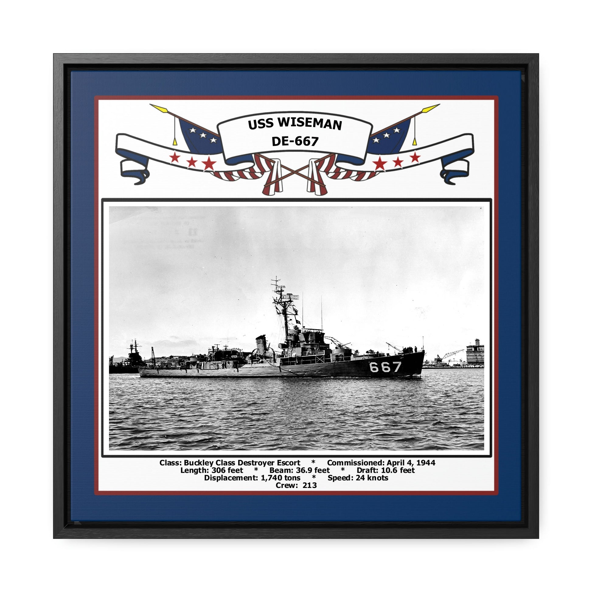 USS Wiseman DE-667 Navy Floating Frame Photo Front View