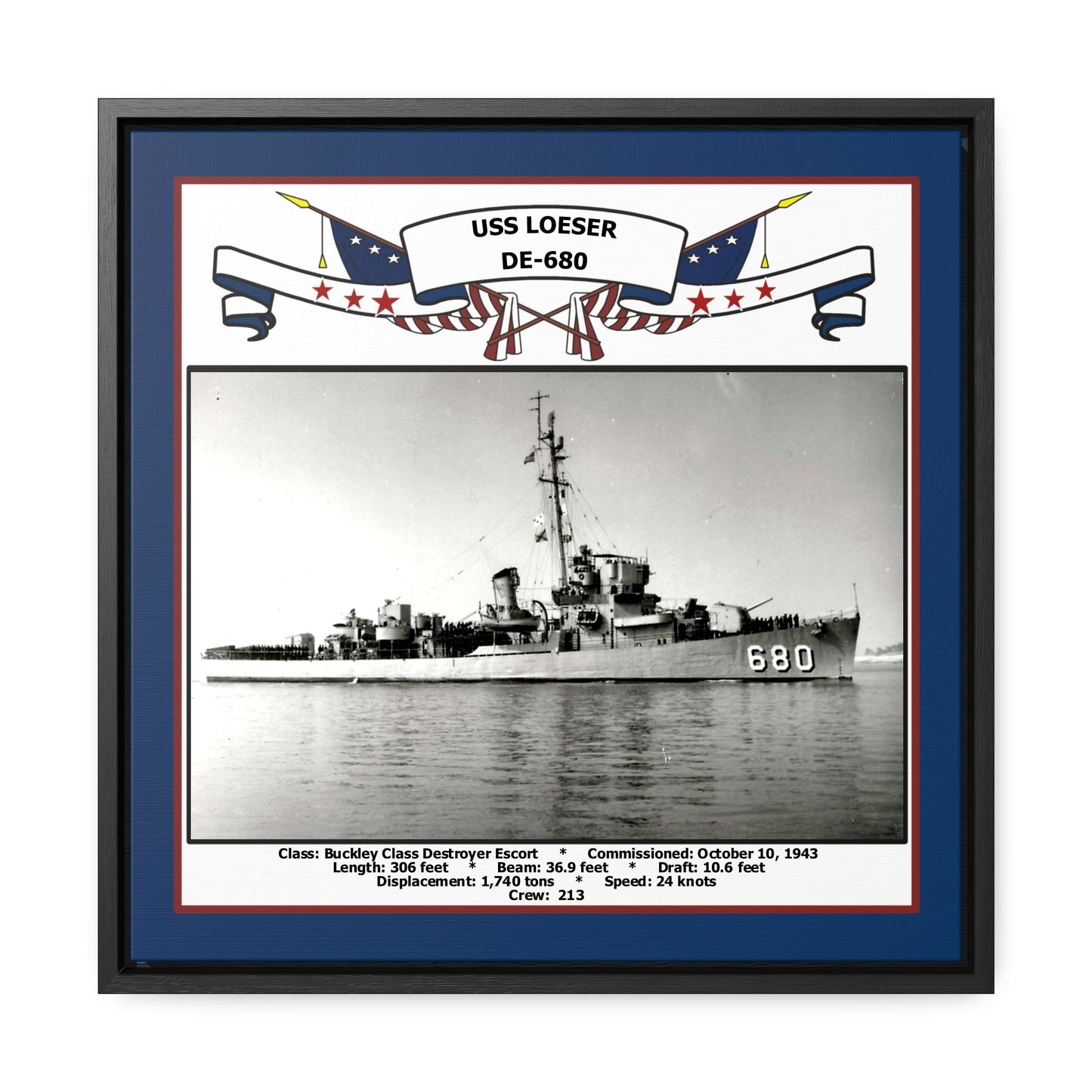 USS Loeser DE-680 Navy Floating Frame Photo Front View
