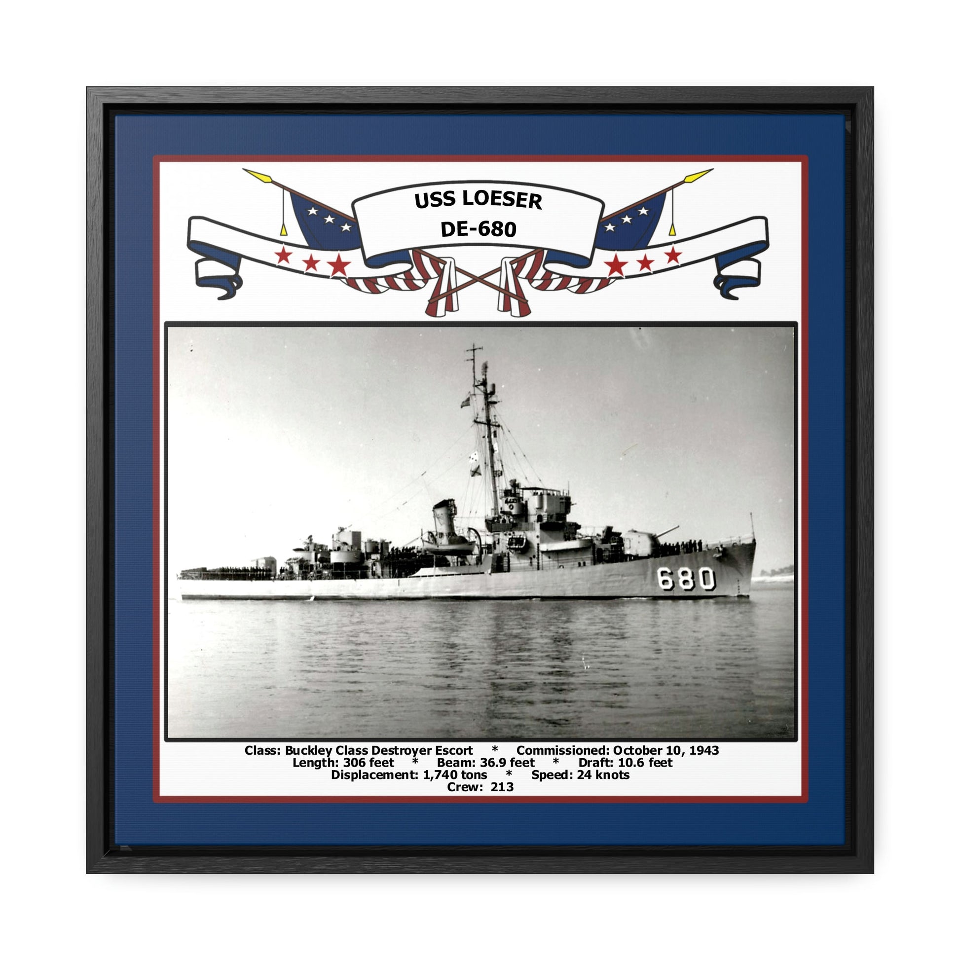 USS Loeser DE-680 Navy Floating Frame Photo Front View