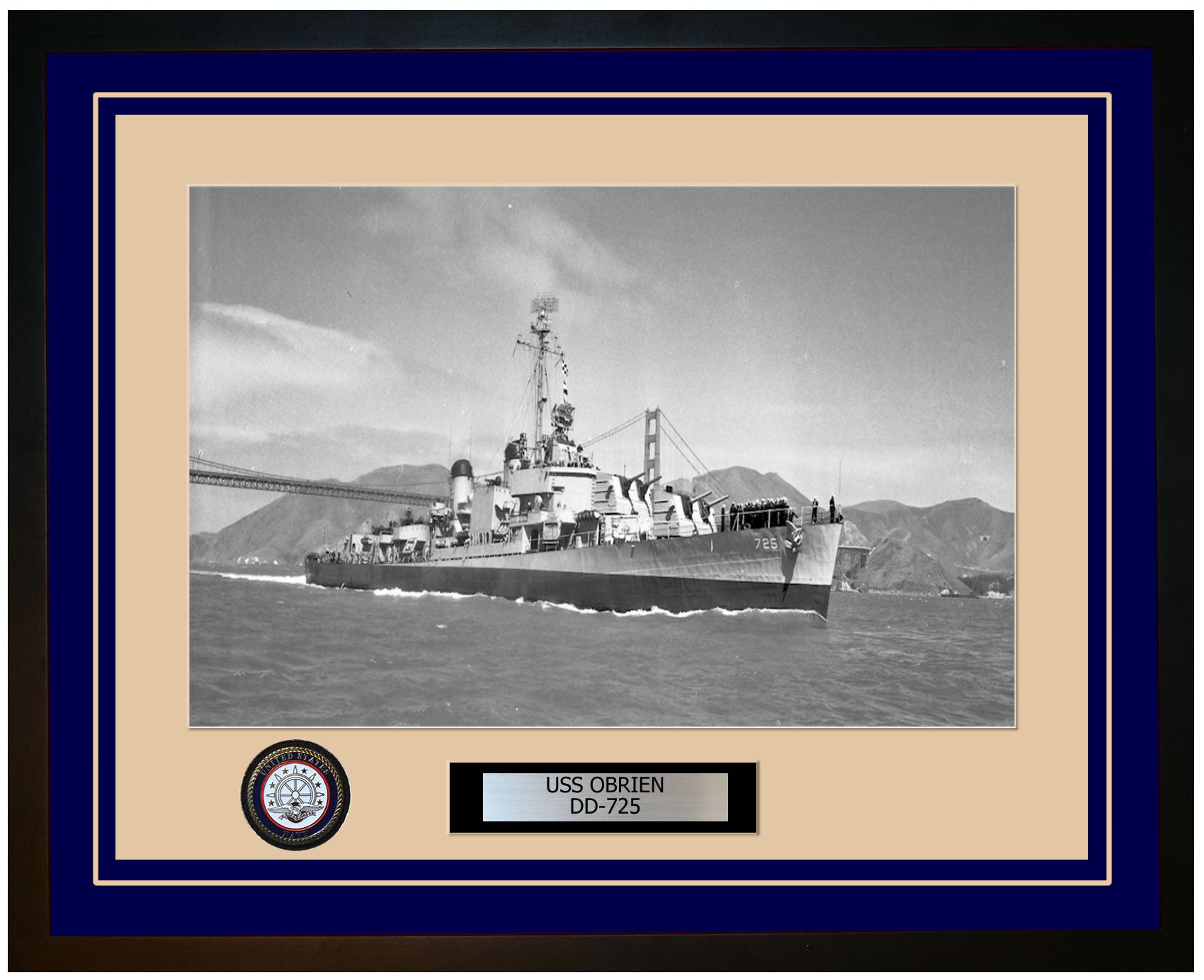 USS OBRIEN DD-725 Framed Navy Ship Photo Blue