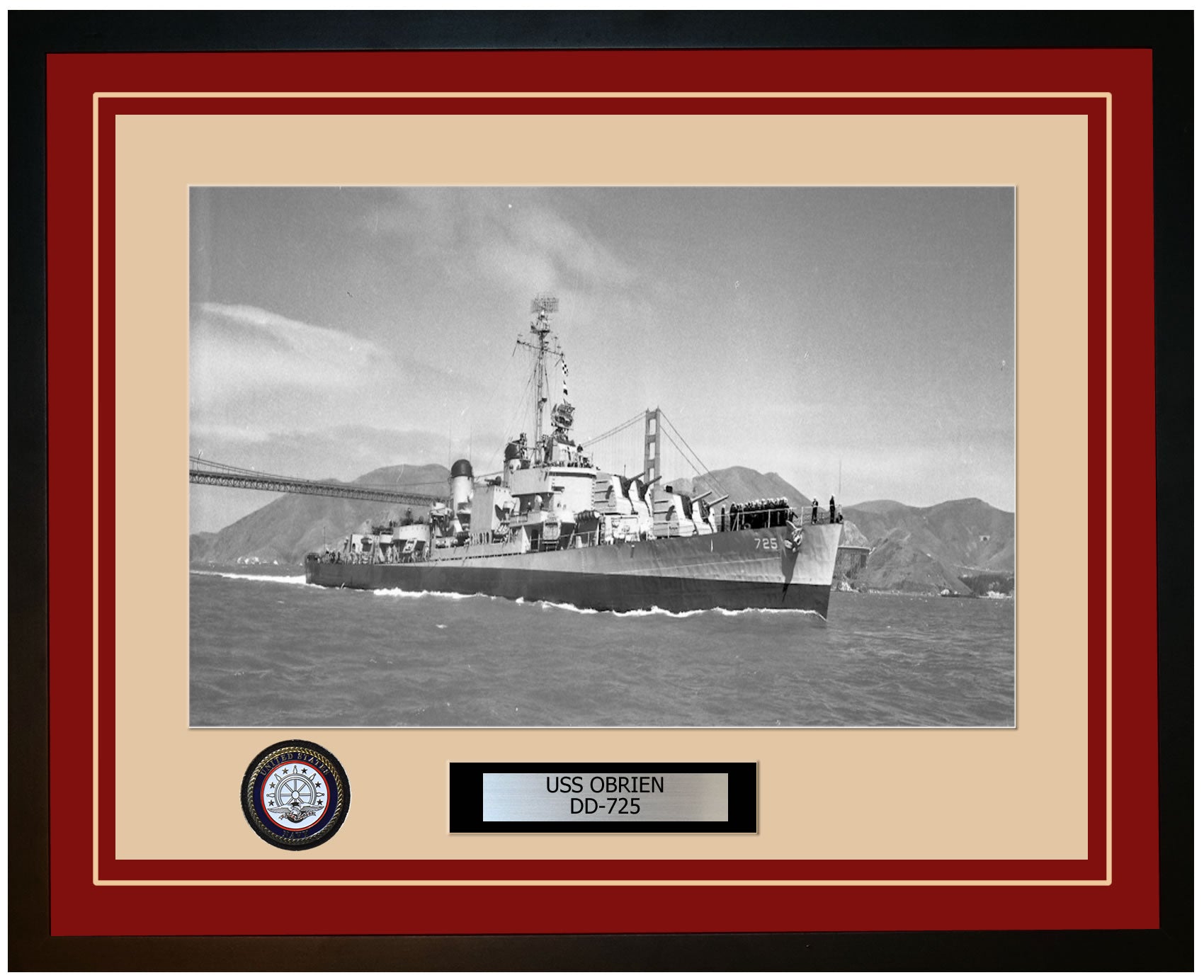 USS OBRIEN DD-725 Framed Navy Ship Photo Burgundy