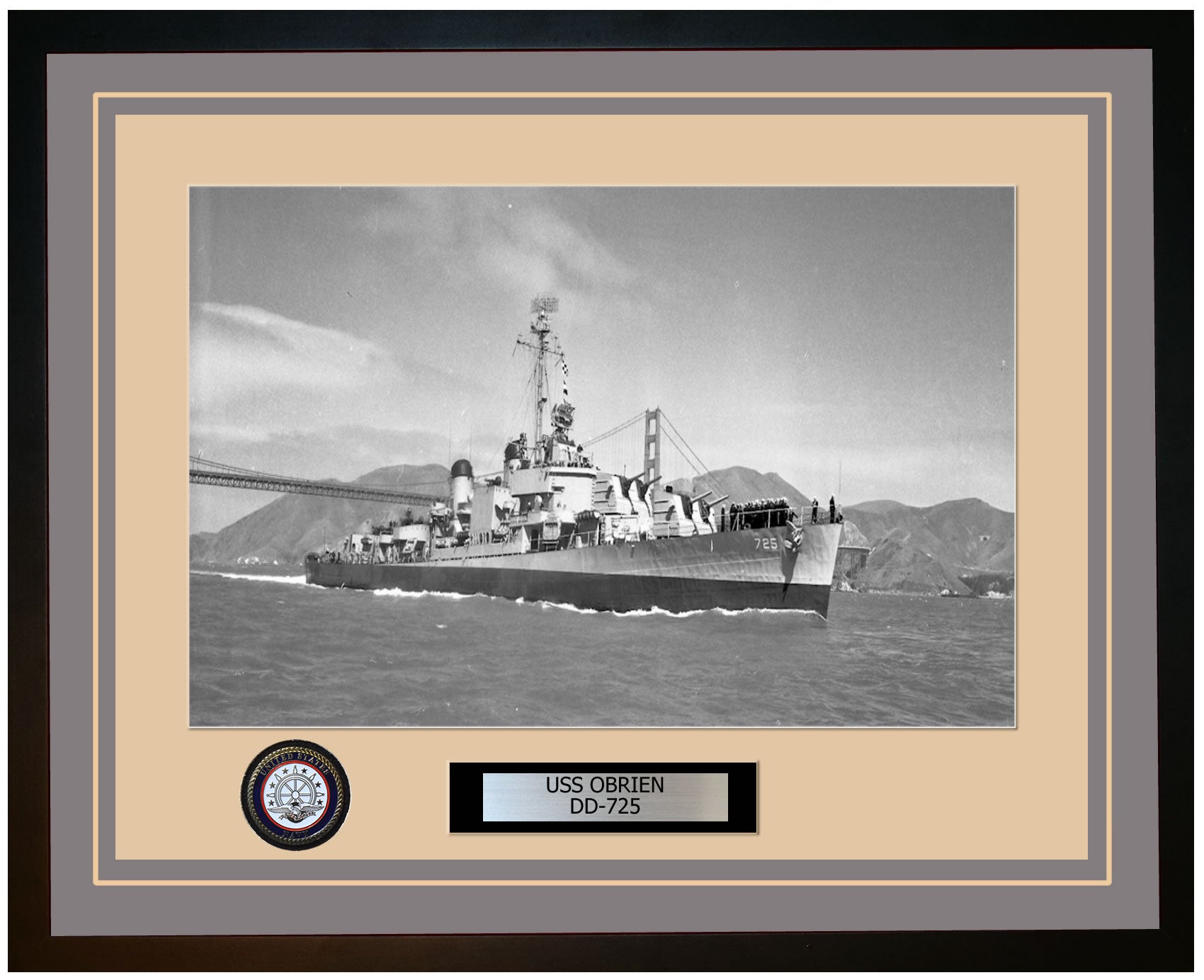 USS OBRIEN DD-725 Framed Navy Ship Photo Grey