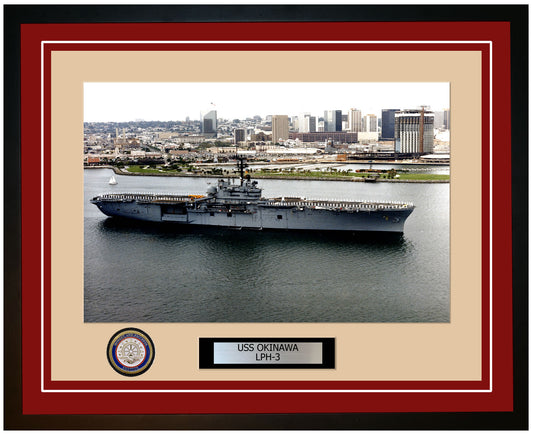 USS Okinawa LPH-3 Framed Navy Ship Photo Burgundy