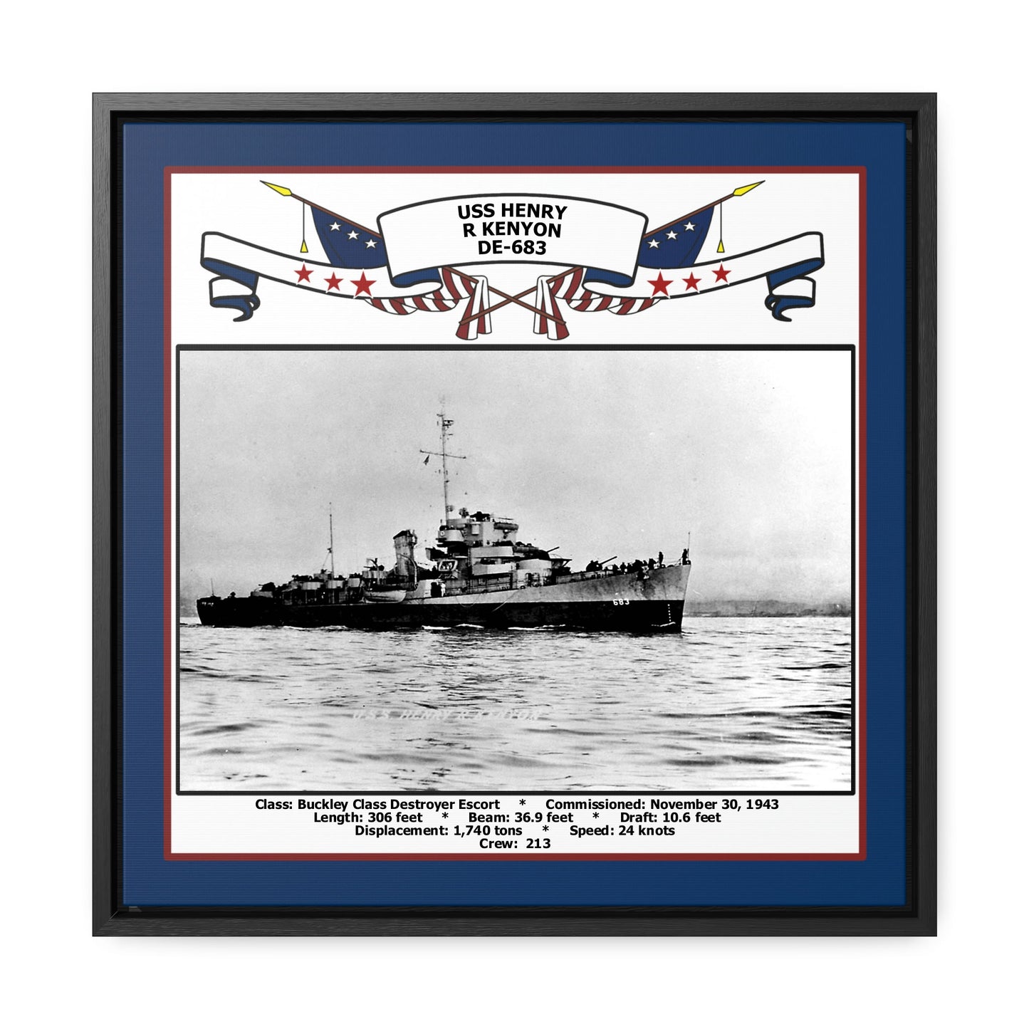 USS Henry R Kenyon DE-683 Navy Floating Frame Photo Front View