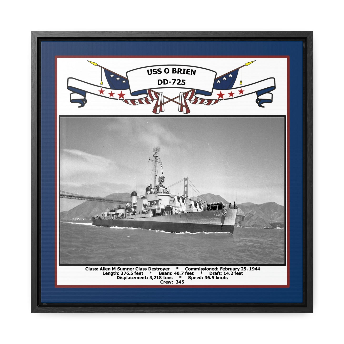 USS Obrien DD-725 Navy Floating Frame Photo Front View
