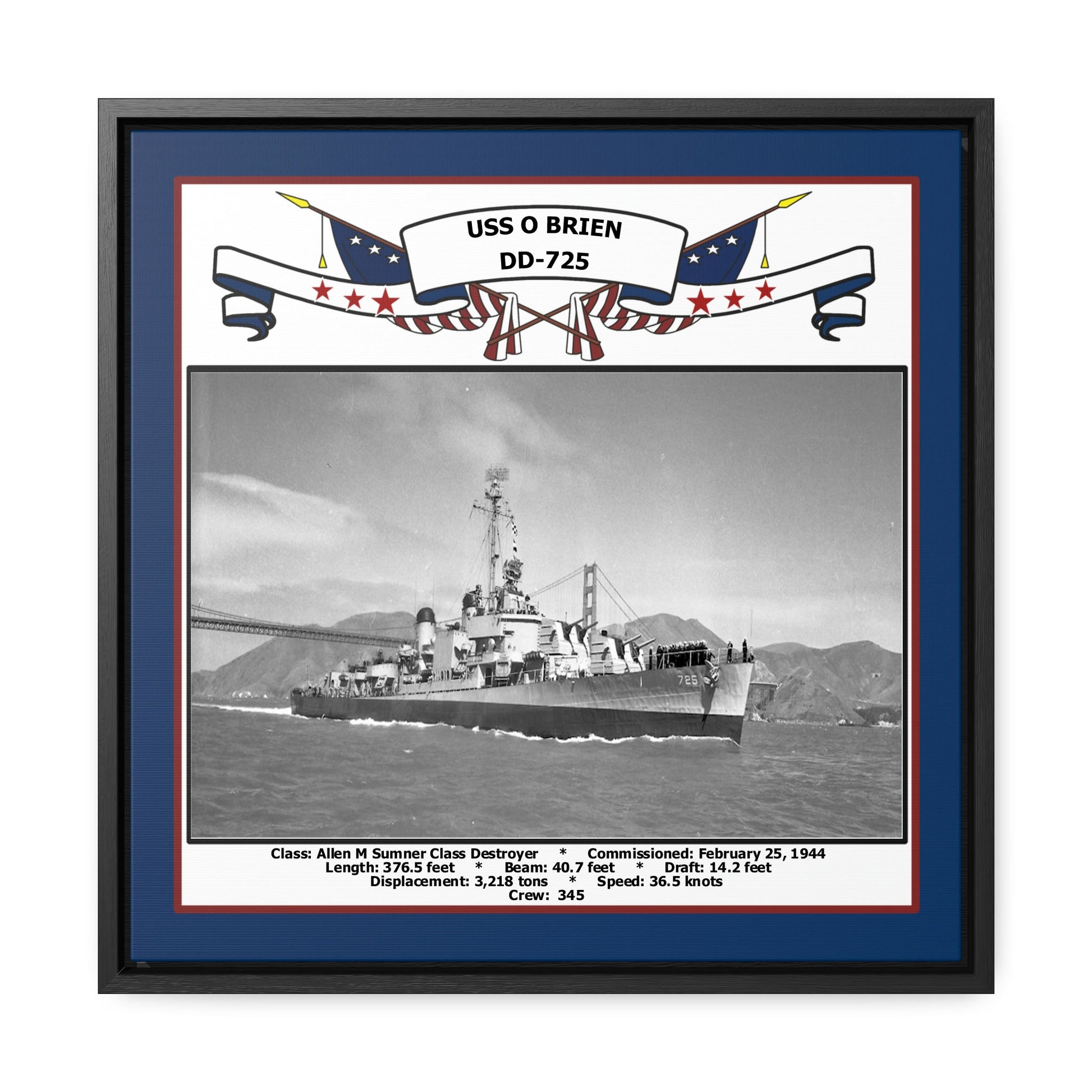 USS Obrien DD-725 Navy Floating Frame Photo Front View