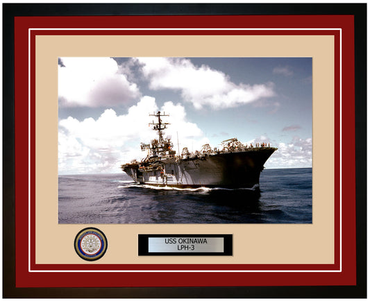 USS Okinawa LPH-3 Framed Navy Ship Photo Burgundy