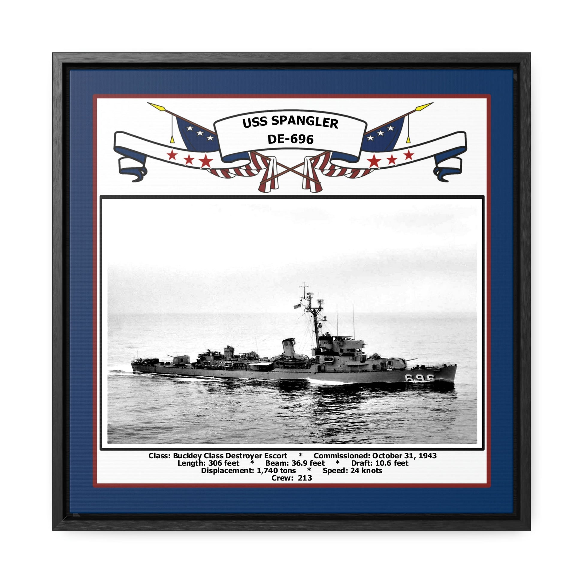 USS Spangler DE-696 Navy Floating Frame Photo Front View