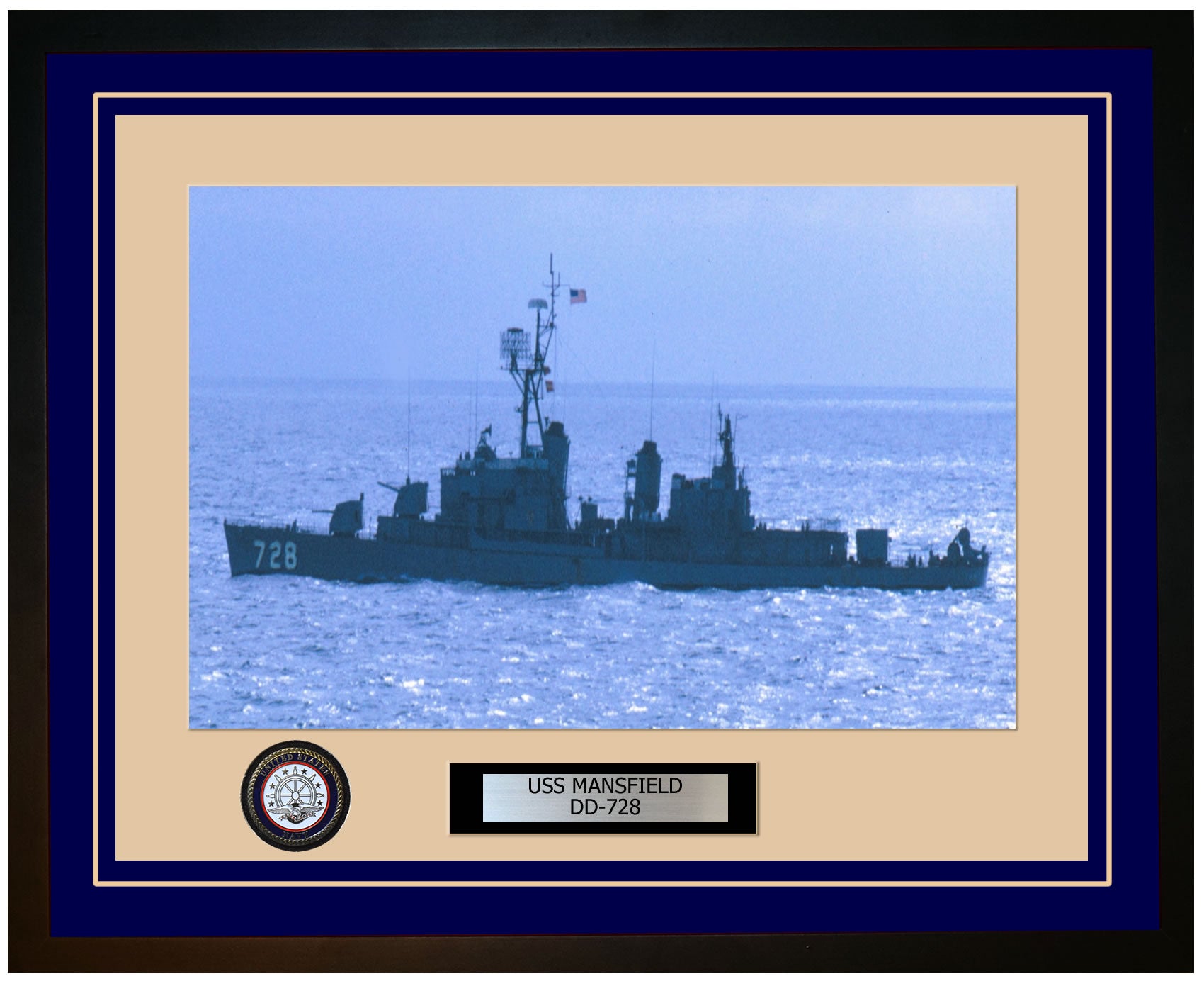 USS MANSFIELD DD-728 Framed Navy Ship Photo Blue