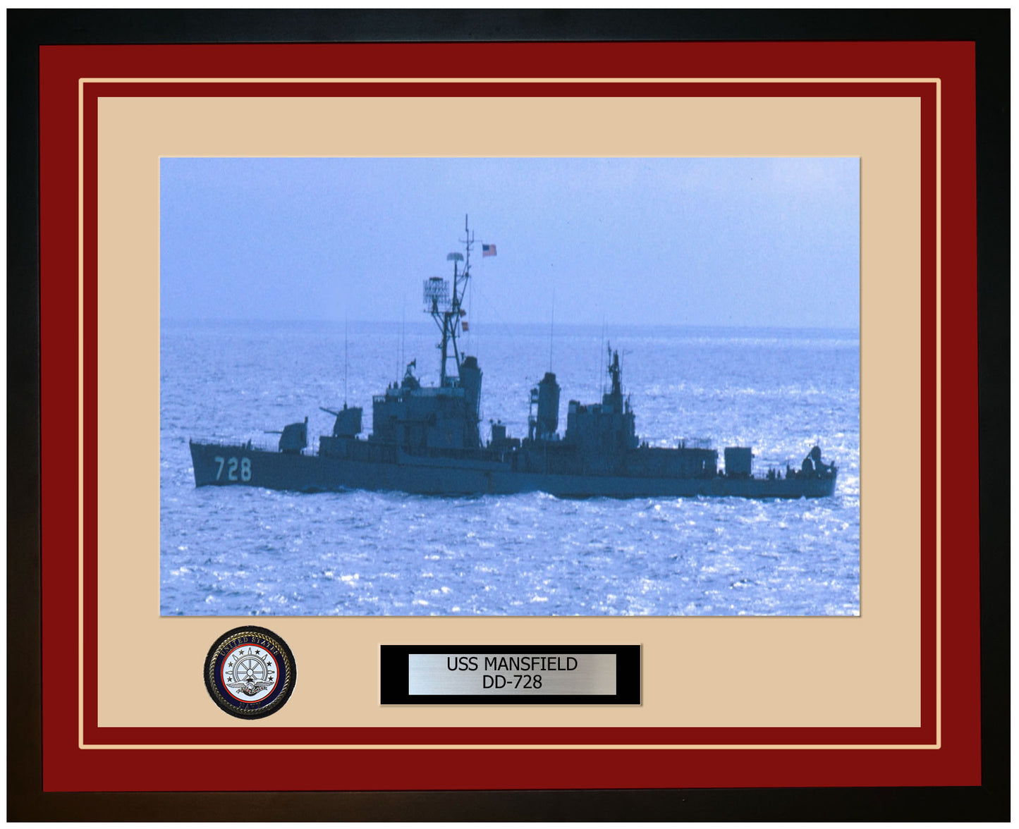 USS MANSFIELD DD-728 Framed Navy Ship Photo Burgundy