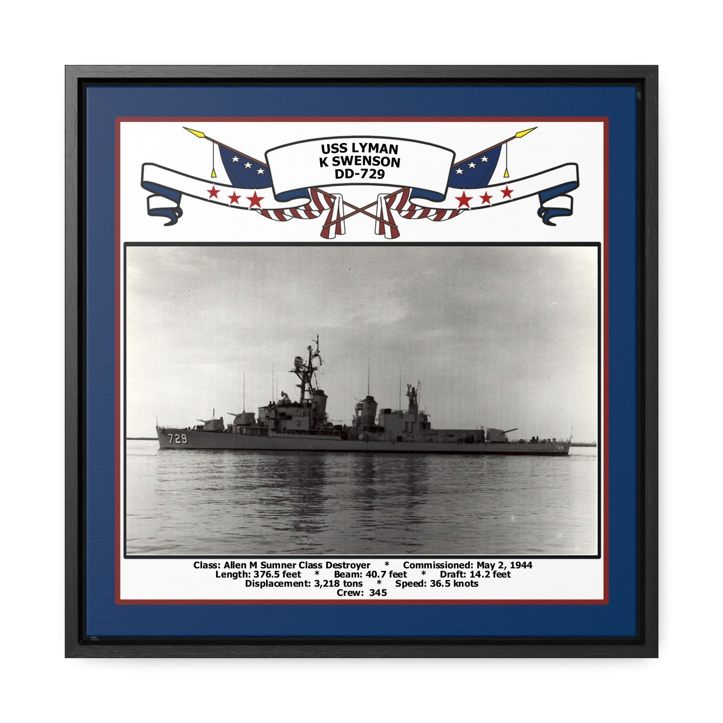 USS Lyman K Swenson DD-729 Navy Floating Frame Photo Front View