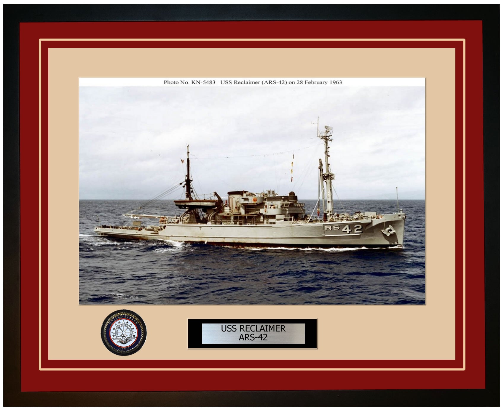 USS RECLAIMER ARS-42 Framed Navy Ship Photo Burgundy