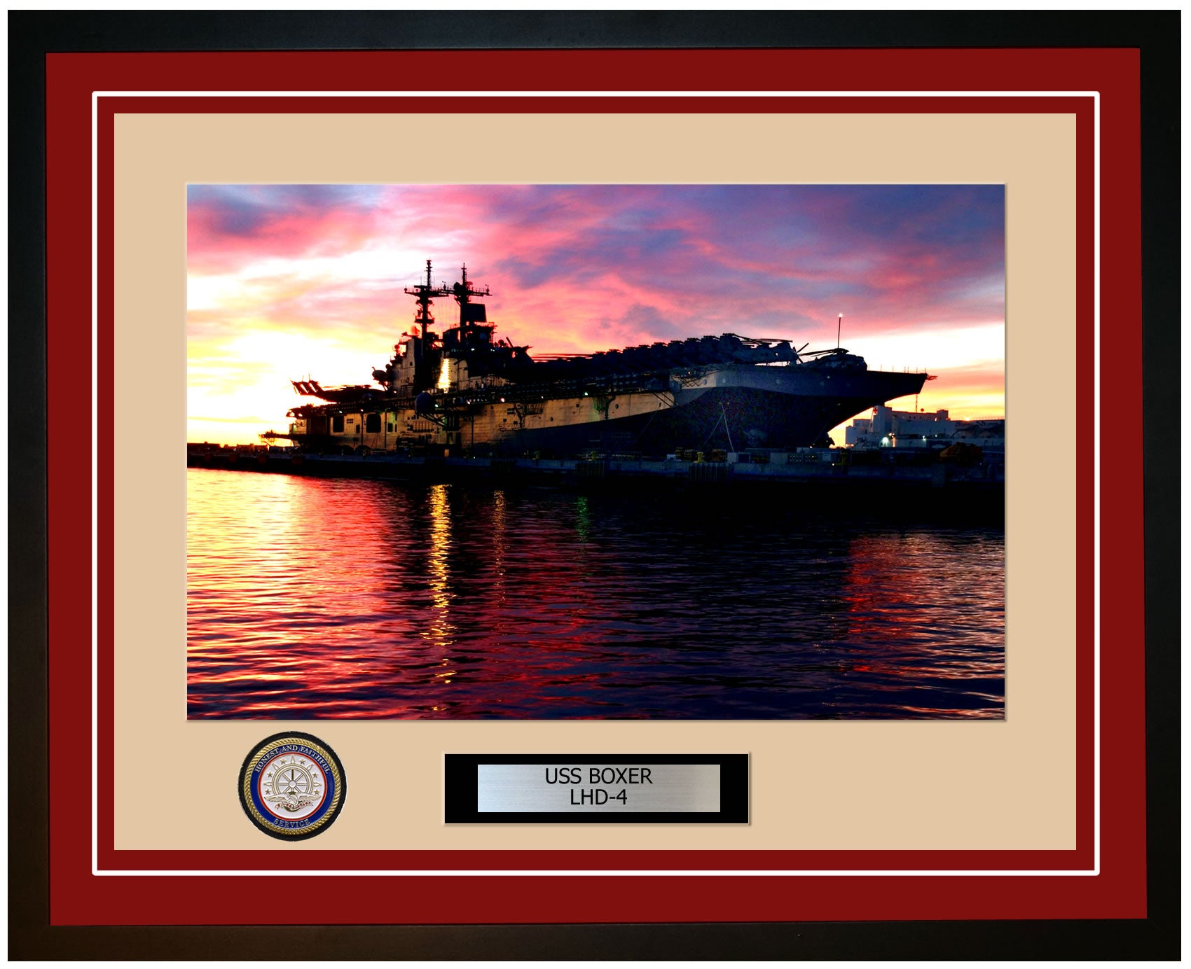 USS Boxer LHD-4 Framed Navy Ship Photo Burgundy