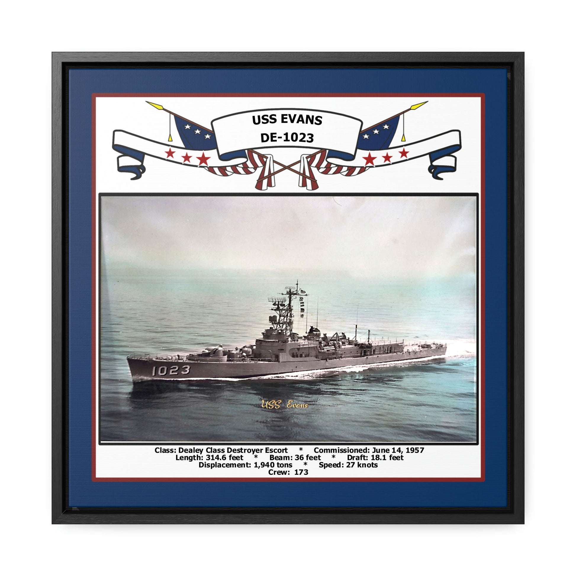 USS Evans DE-1023 Navy Floating Frame Photo Front View
