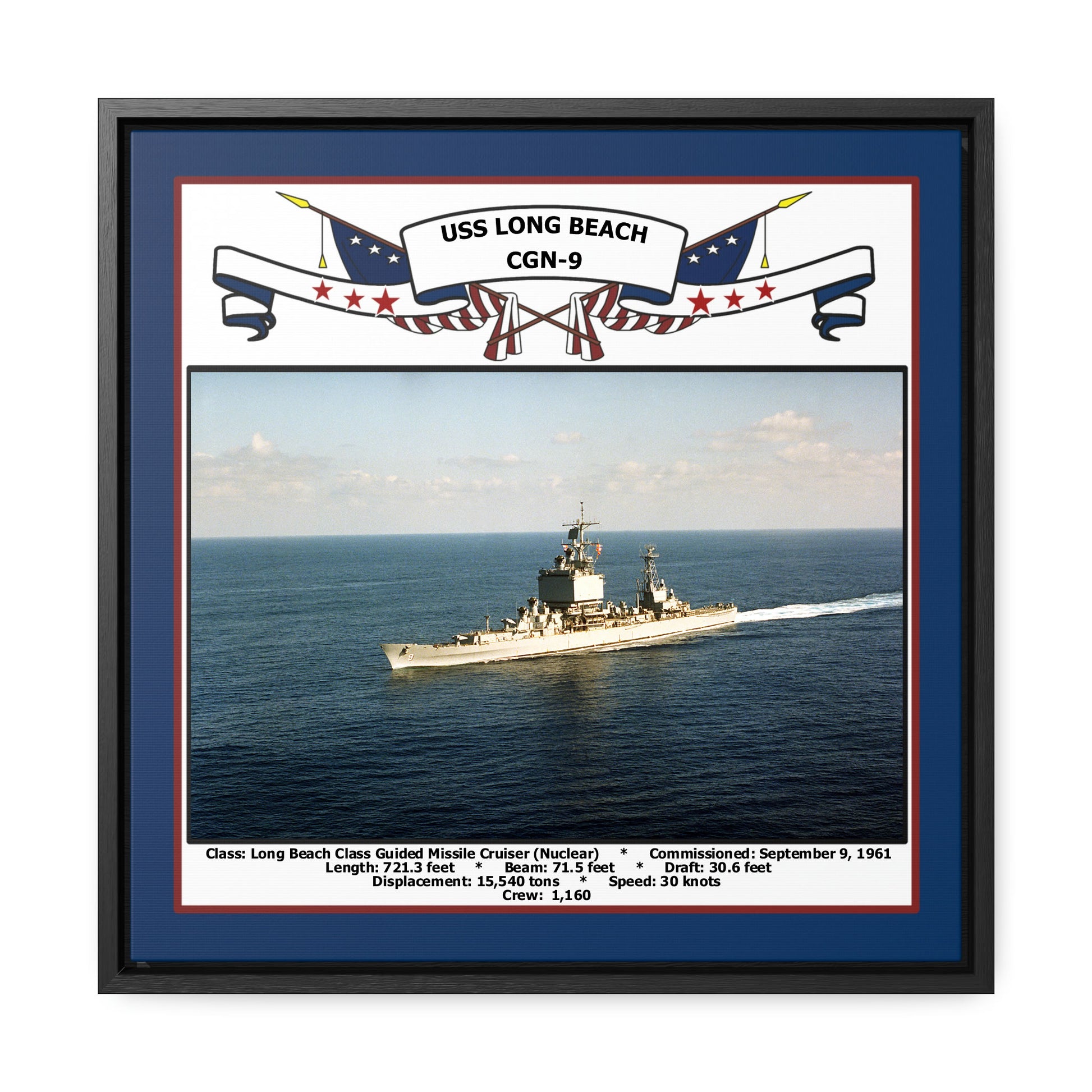 USS Long Beach CGN-9 Navy Floating Frame Photo Front View