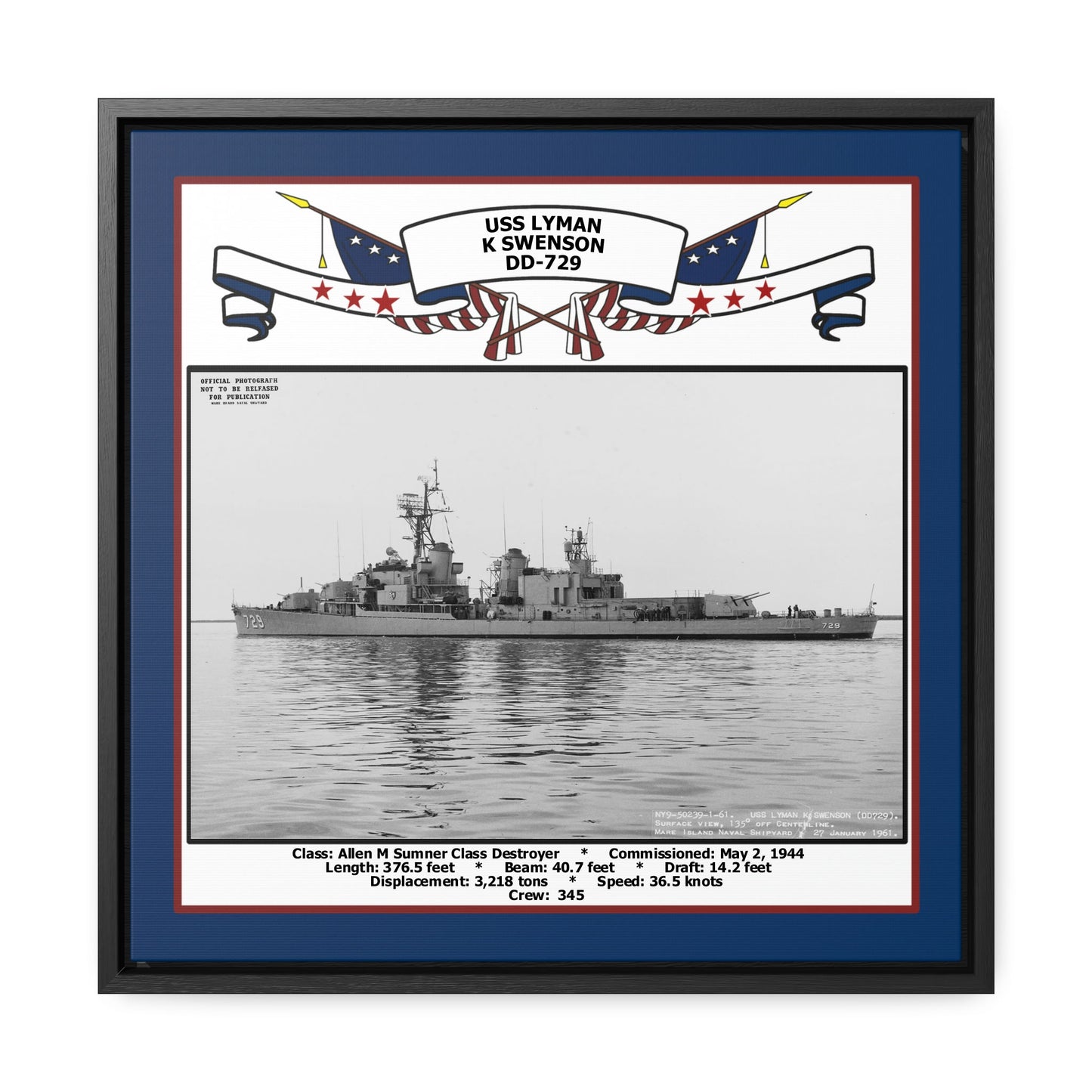 USS Lyman K Swenson DD-729 Navy Floating Frame Photo Front View