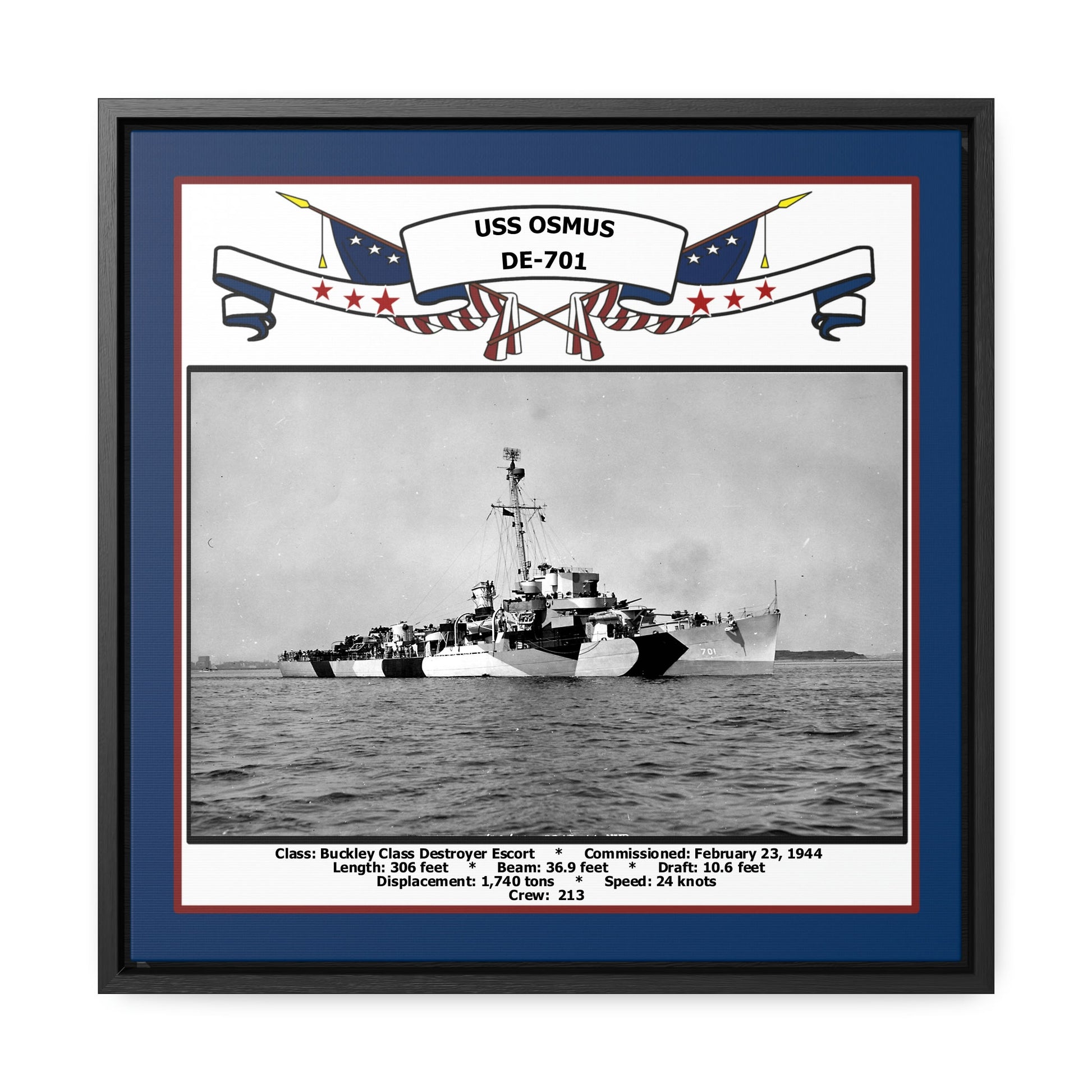 USS Osmus DE-701 Navy Floating Frame Photo Front View