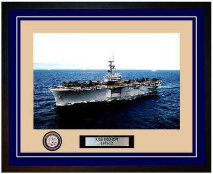 USS Inchon LPH-12 Framed Navy Ship Photo Blue