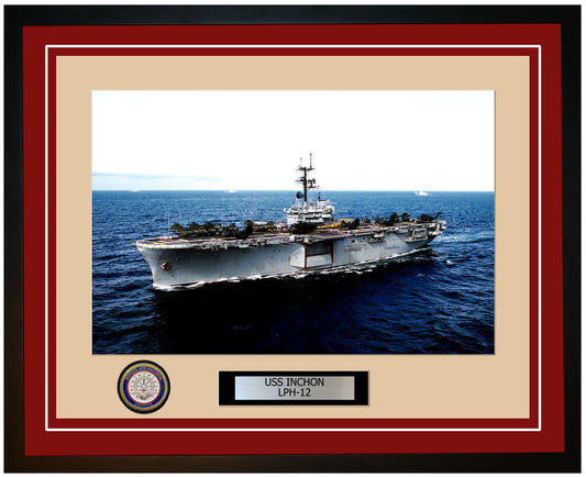 USS Inchon LPH-12 Framed Navy Ship Photo Burgundy
