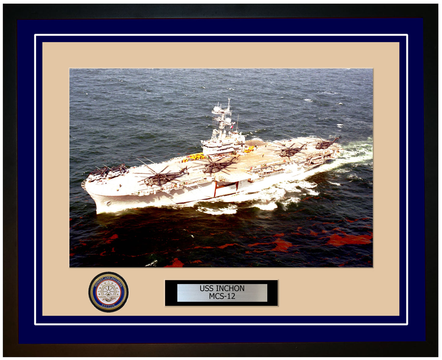USS Inchon MCS-12 Framed Navy Ship Photo Blue