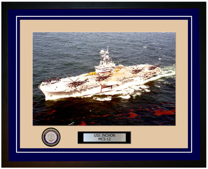 USS Inchon MCS-12 Framed Navy Ship Photo Blue