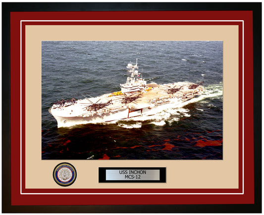 USS Inchon MCS-12 Framed Navy Ship Photo Burgundy